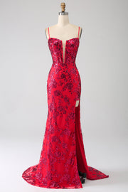 Vestido de fiesta de lentejuelas rojo oscuro sirena con abertura