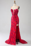 Vestido de fiesta de lentejuelas rojo oscuro sirena con abertura