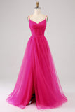 Vestido de fiesta largo con corsé largo con correas de espagueti en línea A fucsia con abertura