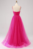 Vestido de fiesta largo con corsé largo con correas de espagueti en línea A fucsia con abertura