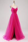 Vestido de fiesta largo con corsé largo con correas de espagueti en línea A fucsia con abertura
