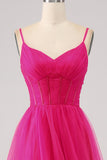 Vestido de fiesta largo con corsé largo con correas de espagueti en línea A fucsia con abertura