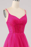 Vestido de fiesta largo con corsé largo con correas de espagueti en línea A fucsia con abertura
