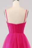 Vestido de fiesta largo con corsé largo con correas de espagueti en línea A fucsia con abertura
