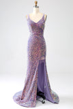 Vestido de fiesta de lentejuelas púrpura claro de sirena brillante con abertura