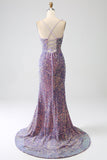 Vestido de fiesta de lentejuelas púrpura claro de sirena brillante con abertura