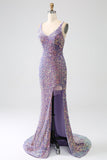 Vestido de fiesta de lentejuelas púrpura claro de sirena brillante con abertura
