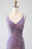 Vestido de fiesta de lentejuelas púrpura claro de sirena brillante con abertura