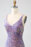 Vestido de fiesta de lentejuelas púrpura claro de sirena brillante con abertura