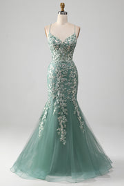 Vestido de fiesta verde claro con cordones en la espalda de sirena con apliques