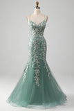 Vestido de fiesta verde claro con cordones en la espalda de sirena con apliques