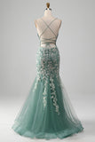 Vestido de fiesta verde claro con cordones en la espalda de sirena con apliques