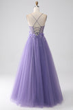 Vestido de fiesta con corsé de tirantes finos de línea A púrpura con flores 3D