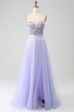 Lavanda Una Línea Vestido Corsé Tul Fiesta De Fiesta Con Abertura