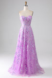 Vestido de fiesta con corsé sin tirantes de línea A púrpura con apliques