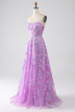 Vestido de fiesta con corsé sin tirantes de línea A púrpura con apliques