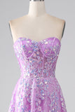 Vestido de fiesta con corsé sin tirantes de línea A púrpura con apliques