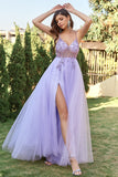 Vestido de fiesta de tul lavanda línea A con cuentas