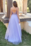 Vestido de fiesta de tul lavanda línea A con cuentas