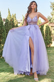 Vestido de fiesta de tul lavanda línea A con cuentas