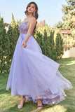 Vestido de fiesta de tul lavanda línea A con cuentas