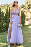 Vestido de fiesta de tul lavanda línea A con cuentas