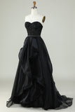 Princess A Line Sweetheart Black Strapless Ball Gown Vestido de noche formal