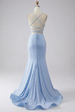 Vestido de fiesta de sirena brillante azul claro con abertura