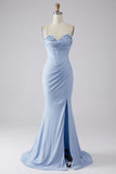 Vestido de fiesta de sirena brillante azul claro con abertura