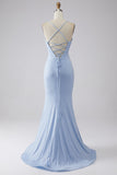 Vestido de fiesta de sirena brillante azul claro con abertura