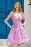Vestido de bienvenida de corsé púrpura A Line con mariposas 3D