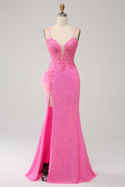 Correas de espagueti de sirena de moda Lentejuelas rosas Vestido largo de fiesta con apliques
