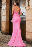 Vestido de fiesta de sirena con lentejuelas de correas de espagueti rosa con abertura