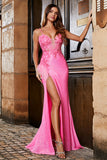 Vestido de fiesta de sirena con lentejuelas de correas de espagueti rosa con abertura