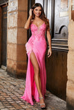 Vestido de fiesta de sirena con lentejuelas de correas de espagueti rosa con abertura