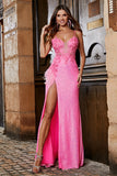 Vestido de fiesta de sirena con lentejuelas de correas de espagueti rosa con abertura