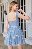Lindo A Line Sweetheart Grey Blue Short Homecoming Dress con bordado