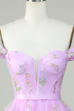 Lindo A Line Sweetheart Purple Short Homecoming Dress con bordado