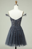 Elegante línea A Straps Spaghetti Straps Pink Short Homecoming Dress con apliques