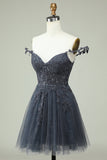 Elegante línea A Straps Spaghetti Straps Pink Short Homecoming Dress con apliques
