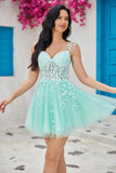 Único A Line Spaghetti Straps Mint Short Homecoming Dress con apliques