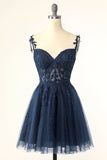 Elegante línea A Straps Spaghetti Straps Pink Short Homecoming Dress con apliques