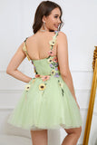 A Línea Correas de Espagueti Verde Vestido Corto de Cóctel Apliques