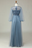 Una línea gris azul lentejuelas mangas largas vestido de dama de honor
