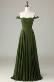 A-Line Off The Shoulder Olive Vestido de dama de honor con hendidura