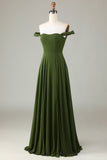 A-Line Off The Shoulder Olive Vestido de dama de honor con hendidura