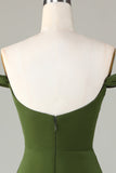 A-Line Off The Shoulder Olive Vestido de dama de honor con hendidura