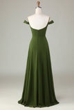 A-Line Off The Shoulder Olive Vestido de dama de honor con hendidura