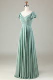 Vestido de dama de honor matcha con volantes