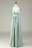 Vestido de dama de honor largo Matcha Deep V-Neck con volantes